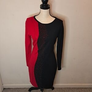 Huwan Home Fashion Sweater Dress Women's M/L Black Red Contrast Rhinestones